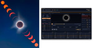 A composite image shows a solar eclipse sequence on the left and a computer screen displaying eclipse planning software on the right.