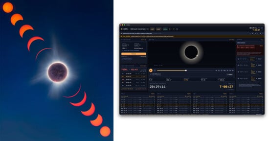 A composite image shows a solar eclipse sequence on the left and a computer screen displaying eclipse planning software on the right.