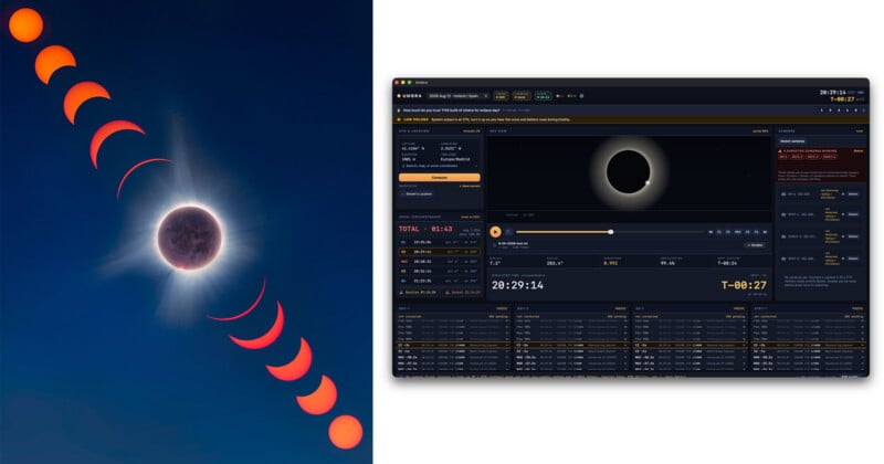 A composite image shows a solar eclipse sequence on the left and a computer screen displaying eclipse planning software on the right.