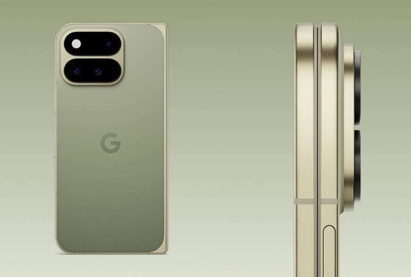 A light green foldable smartphone shown from the back and from the side, featuring a prominent rectangular camera module with two lenses.