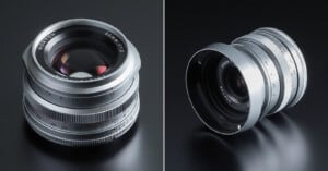 Two silver Voigtlander Nokton camera lenses are displayed against a dark background, one shown from the front and the other from a side angle with a lens hood attached.