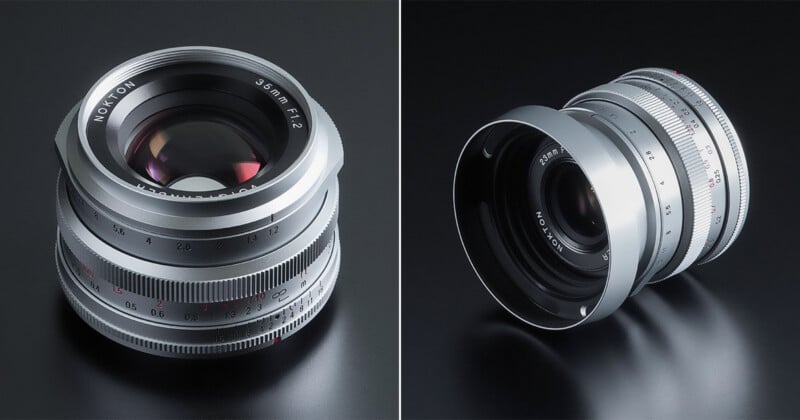 Two silver Voigtlander Nokton camera lenses are displayed against a dark background, one shown from the front and the other from a side angle with a lens hood attached.