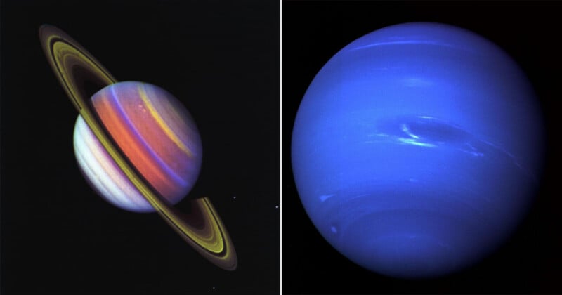 A side-by-side view of Saturn with its prominent rings on the left and the blue planet Neptune on the right.