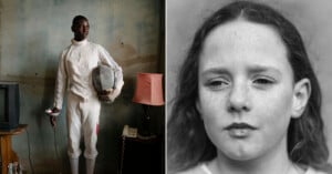A split-screen image showing a young fencer in a white uniform standing in a room on the left and a close-up portrait of a girl with freckles on the right.