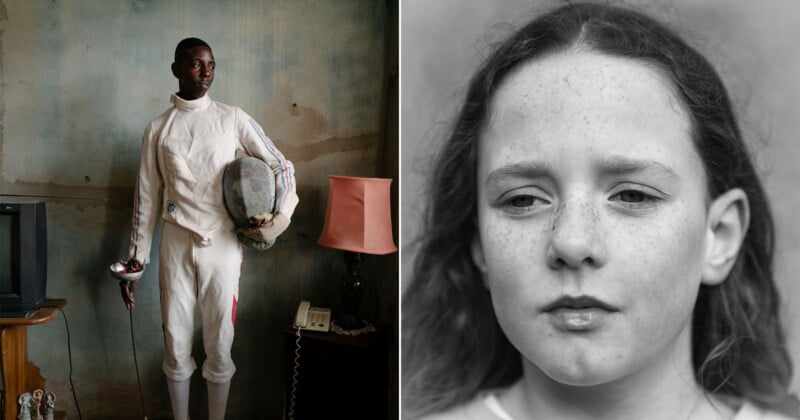 A split-screen image showing a young fencer in a white uniform standing in a room on the left and a close-up portrait of a girl with freckles on the right.