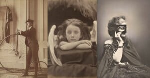 A triptych showing a person in a suit leaning on a penny-farthing bicycle, a child with angel wings, and a woman holding a mask over her eye.
