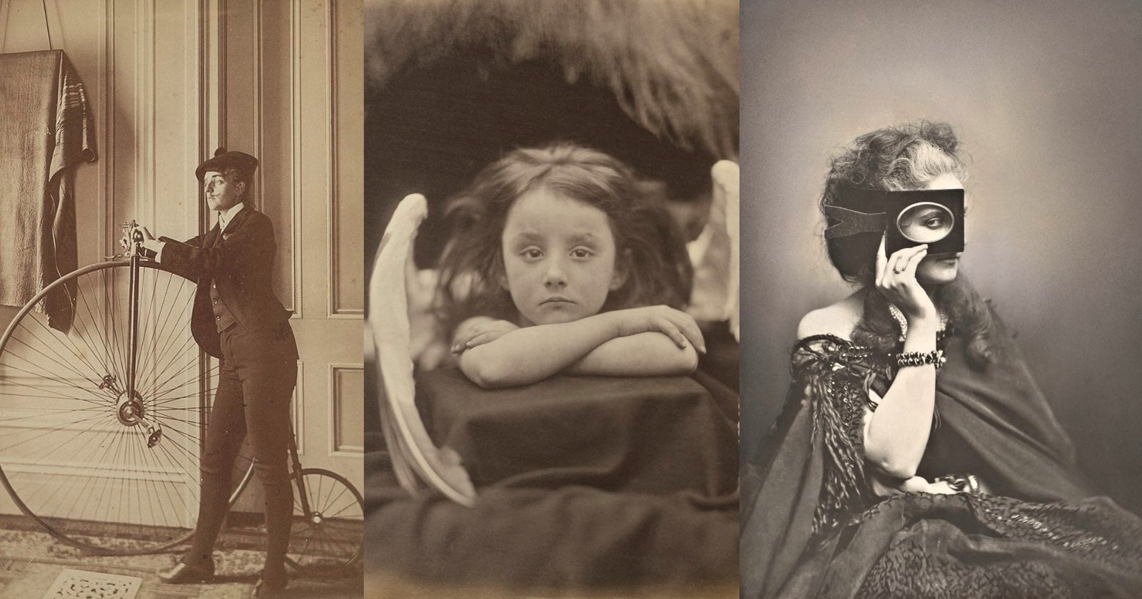 A triptych showing a person in a suit leaning on a penny-farthing bicycle, a child with angel wings, and a woman holding a mask over her eye.