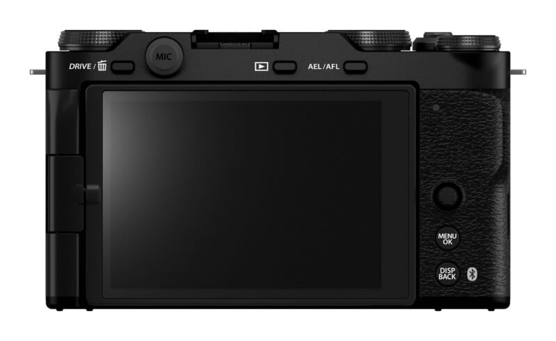 The back of a black digital camera featuring a large LCD screen, a circular joystick, and various buttons labeled DRIVE/trash, playback, AEL/AFL, MENU/OK, and DISP/BACK.
