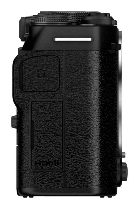 A side view of a black camera body featuring a textured grip, a headphone jack port cover, and an HDMI port cover.