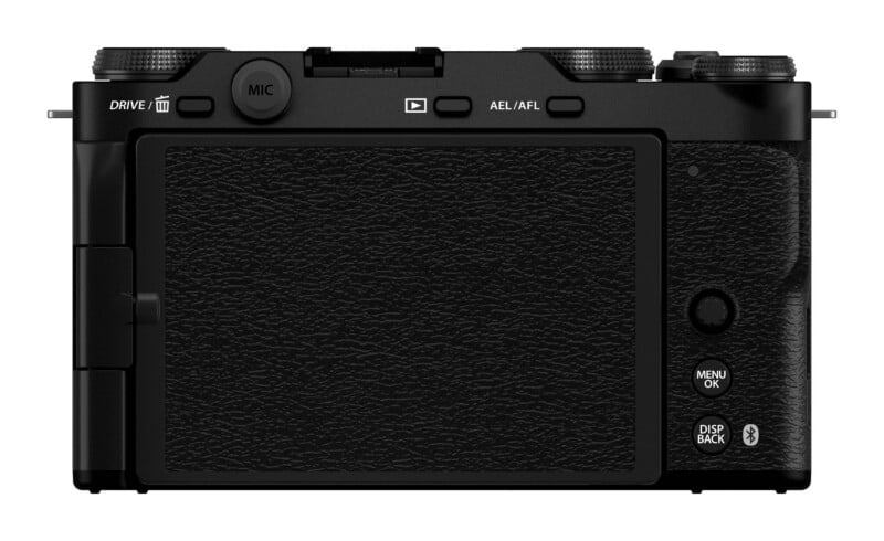 The back of a black digital camera featuring a large screen, a microphone port, and various control buttons labeled Drive, Playback, AEL/AFL, Menu/OK, and Disp/Back.