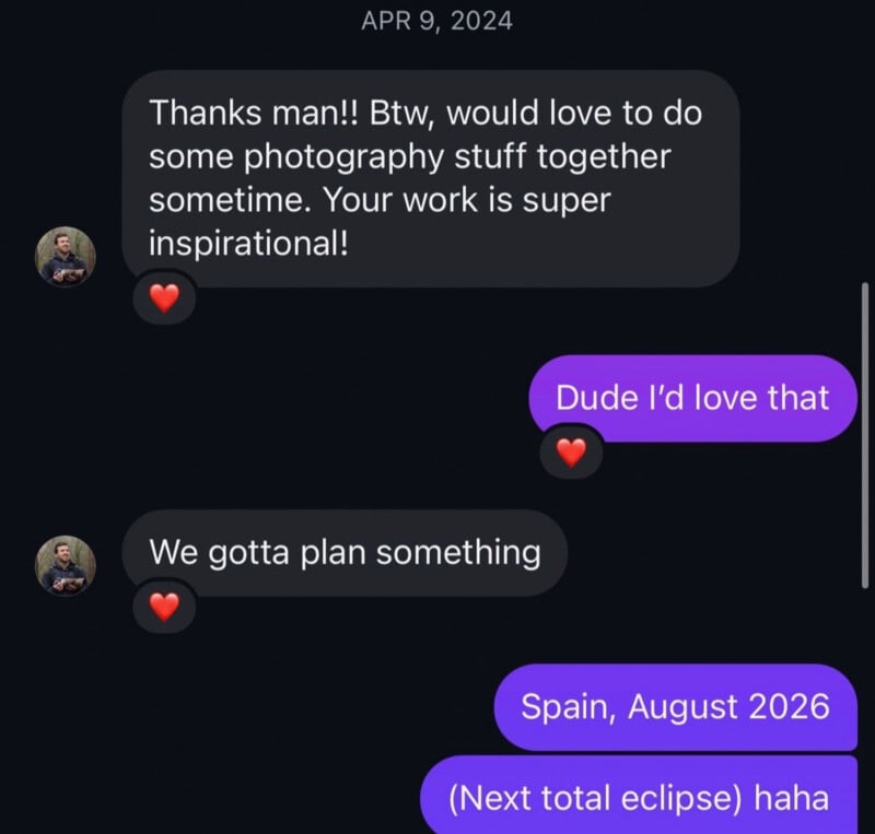 A text message conversation from April 9, 2024, where two people discuss planning a photography trip to Spain for the 2026 eclipse.