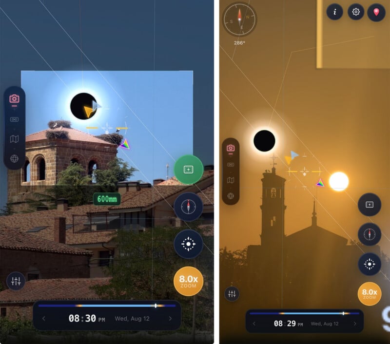 Two side-by-side screenshots of a photography planning app showing a solar eclipse alignment with a church tower at 8:30 PM.