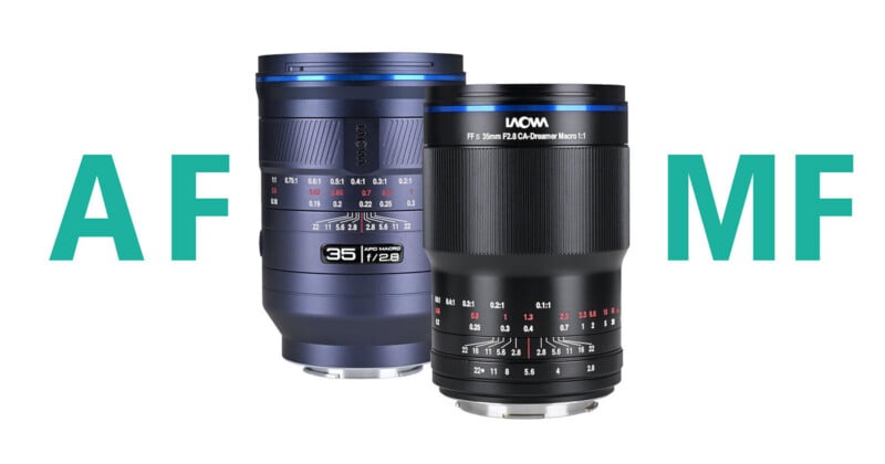 Two Laowa 35mm f/2.8 macro lenses, one blue and one black, are positioned between the large green letters AF and MF.