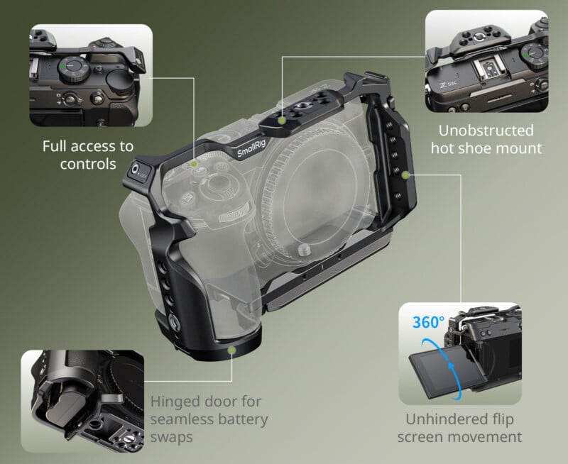 A camera cage is shown with four callouts highlighting its features: full access to controls, an unobstructed hot shoe, a hinged battery door, and unhindered flip screen movement.