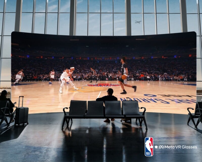 A person sits on a bench in an airport terminal, watching a large, curved screen displaying a live NBA basketball game, with the NBA and Meta VR Glasses logos in the corner.