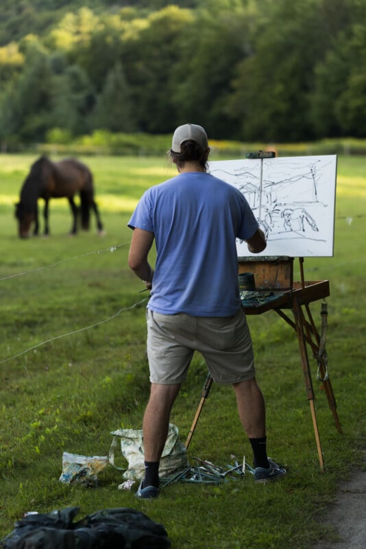 A person wearing a blue t-shirt and khaki shorts stands in a grassy field painting a horse on an easel, with a real horse grazing in the background.