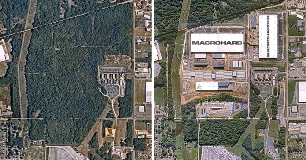 A side-by-side aerial comparison showing a forested area before and after the construction of large industrial buildings labeled "MACROHARD.