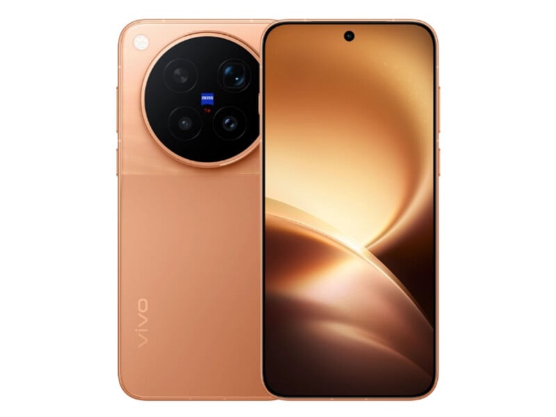 A copper-colored smartphone shown from both the front and back, featuring a large circular camera module with ZEISS branding on the rear.