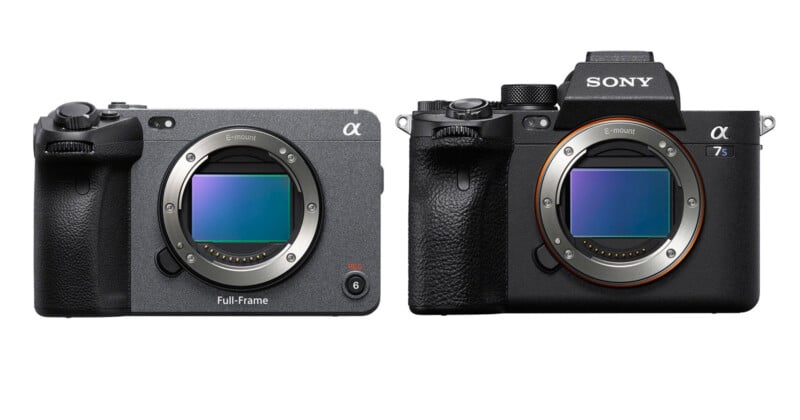 Two Sony Alpha cameras are shown side-by-side, with the FX3 on the left and the a7S III on the right, both featuring E-mounts.