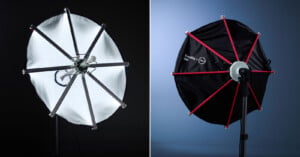 A split view showing the interior reflective surface of a photography umbrella on the left and its black exterior with red support ribs on the right.