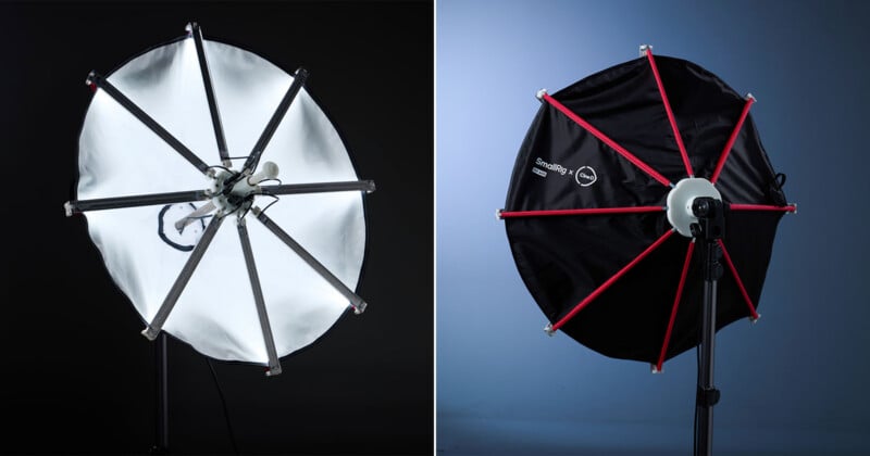 A split view showing the interior reflective surface of a photography umbrella on the left and its black exterior with red support ribs on the right.