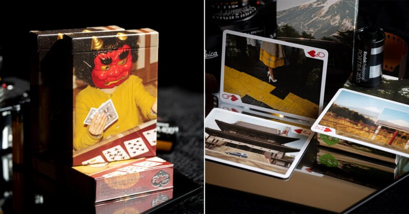 A split-screen view shows a deck of playing cards featuring a person in a red mask on the left, and several cards displaying landscape and street photography on the right.