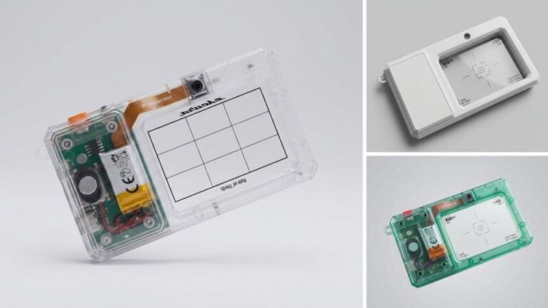 Three views of a small, rectangular digital camera with a transparent or white plastic casing, featuring a screen marked with a rule-of-thirds grid or focus reticle.