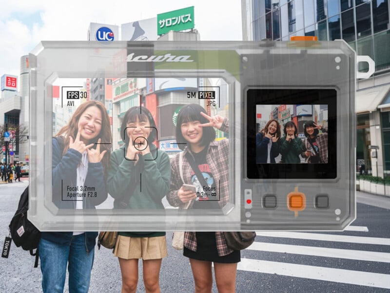 A transparent digital camera overlay is superimposed over a scene of three young women posing for a photo in a city intersection.
