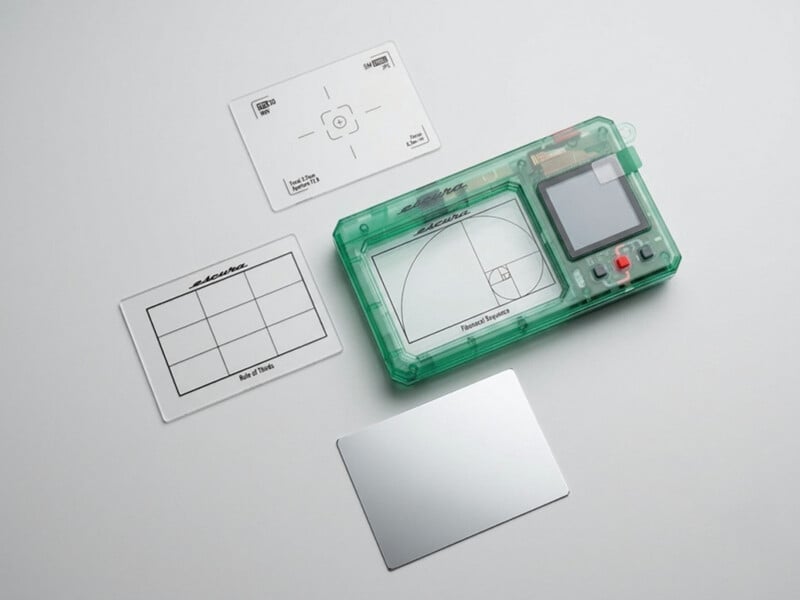 A green translucent digital camera sits on a white surface next to three rectangular overlays featuring a grid, a target, and a Fibonacci spiral.