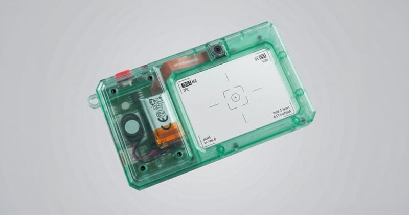 A translucent green rectangular device with a visible internal battery, circuit board, and a white screen featuring a centered crosshair target.