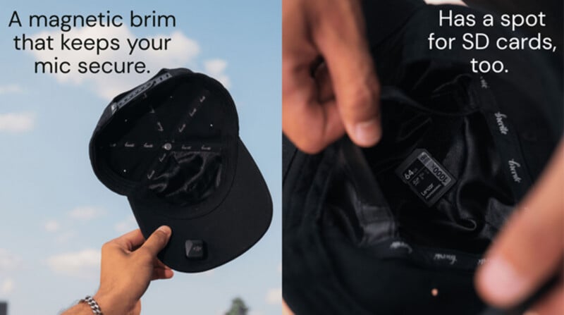 A split-screen view shows a black baseball cap with a magnetic brim holding a microphone on the left and an interior pocket containing an SD card on the right.