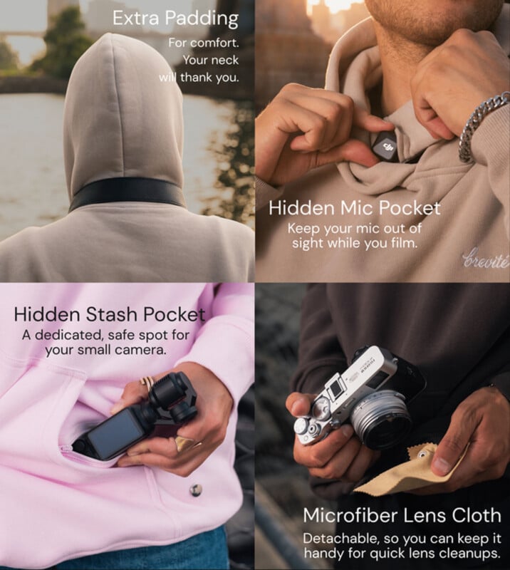 A four-panel collage showing a person wearing a hoodie with extra neck padding, a hidden microphone pocket, a stash pocket for a small camera, and a detachable microfiber lens cloth.