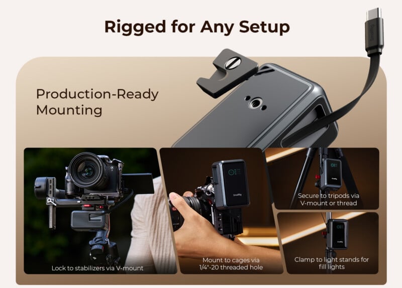 A product graphic showing a portable battery pack with multiple mounting options, including a V-mount, 1/4"-20 threaded hole, and clamp attachments for stabilizers, cages, tripods, and light stands.