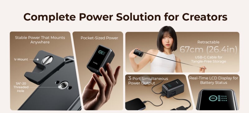 A promotional graphic for a portable power bank featuring a V-mount, 1/4"-20 threaded hole, retractable USB-C cable, and LCD display.