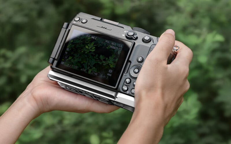 A person holds a digital camera with a silver grip, displaying a view of green foliage on its rear screen.