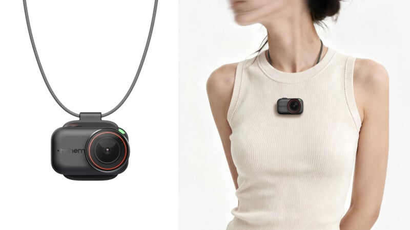 A small, black, rectangular camera with a circular lens is shown on the left, and on the right, a person wears the same camera as a pendant on a cord around their neck.