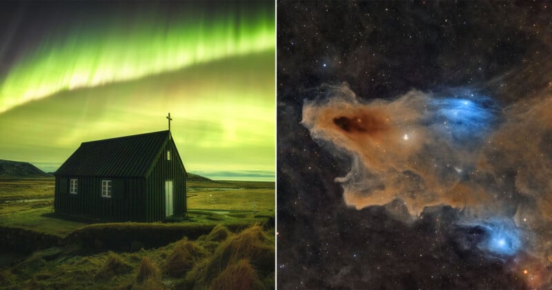 A split-screen image showing a black church under a green aurora on the left and a colorful nebula in deep space on the right.