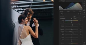 A split-screen view shows a wedding couple dancing on the left and a Lightroom editing panel with adjustment sliders on the right.