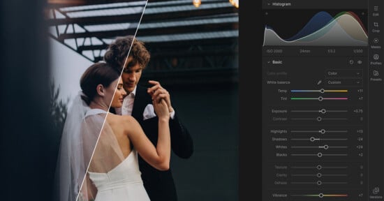 A split-screen view shows a wedding couple dancing on the left and a Lightroom editing panel with adjustment sliders on the right.