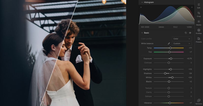 A split-screen view shows a wedding couple dancing on the left and a Lightroom editing panel with adjustment sliders on the right.