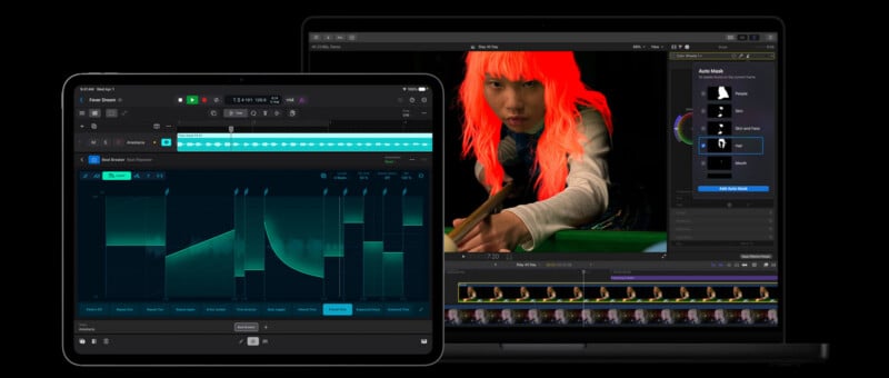 An iPad displaying a music production interface sits next to a laptop showing video editing software with an active auto-mask tool.
