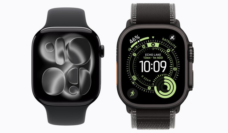 Two Apple Watches side-by-side: a sleek black model with a minimalist abstract face on the left, and a rugged Ultra model with a detailed green-accented data display on the right.