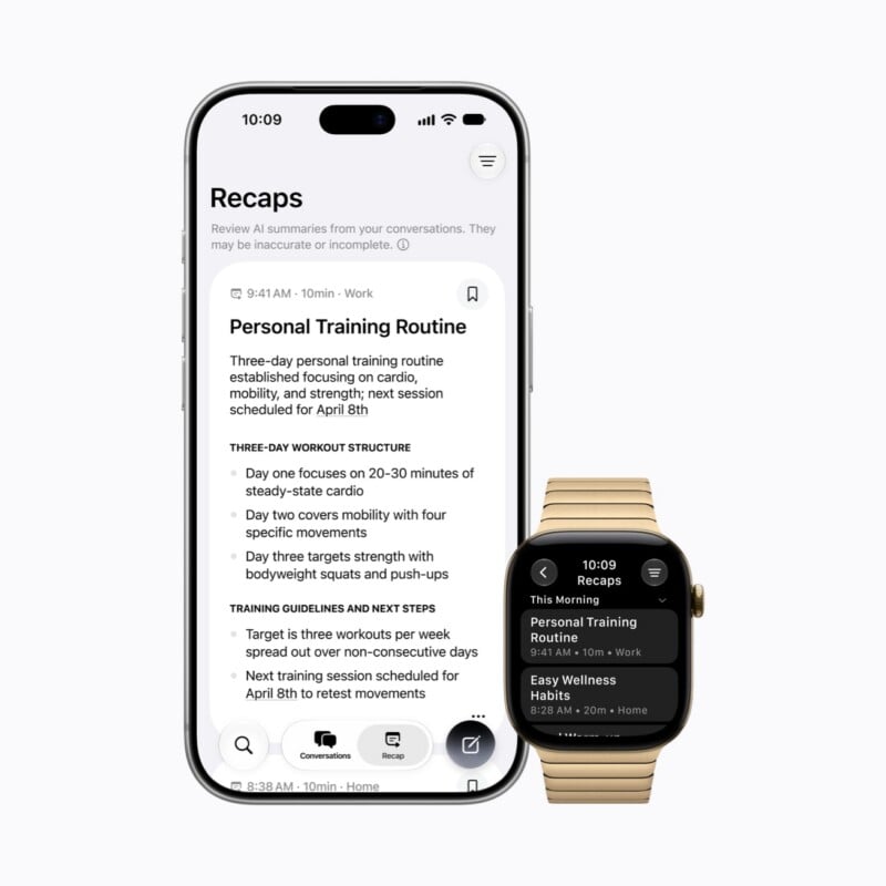 An iPhone and an Apple Watch displaying the Recaps app, which provides AI-generated summaries of past conversations.