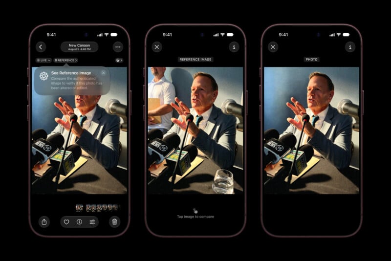 Three smartphone screens display a photo verification interface, showing a man speaking at a press conference with a reference image and a comparison tool.