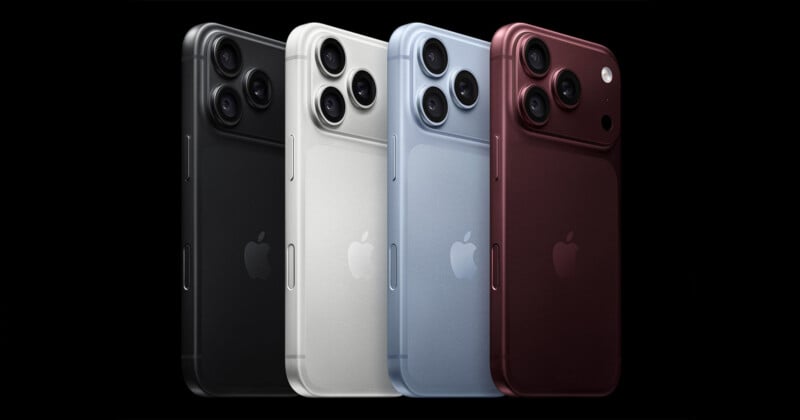 Four smartphones in black, white, light blue, and dark red are arranged in a row against a black background, each featuring a triple-lens camera array.