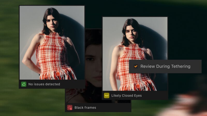 Three overlapping digital interface windows display fashion portraits of a woman, with status labels indicating "No issues detected," "Likely Closed Eyes," and "Black frames.