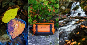 A triptych showing a yellow leaf on water, an orange WANDRD bag on a rock, and a waterfall surrounded by autumn foliage.
