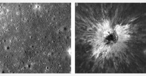 Two side-by-side lunar surface views: a heavily cratered, weathered landscape on the left and a fresh, bright impact crater with radiating ejecta rays on the right.