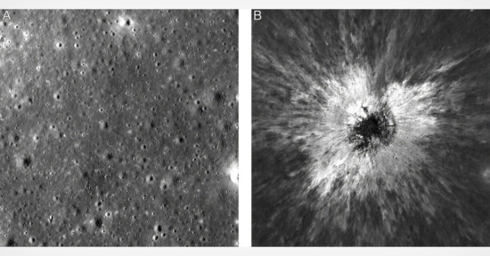Two side-by-side lunar surface views: a heavily cratered, weathered landscape on the left and a fresh, bright impact crater with radiating ejecta rays on the right.