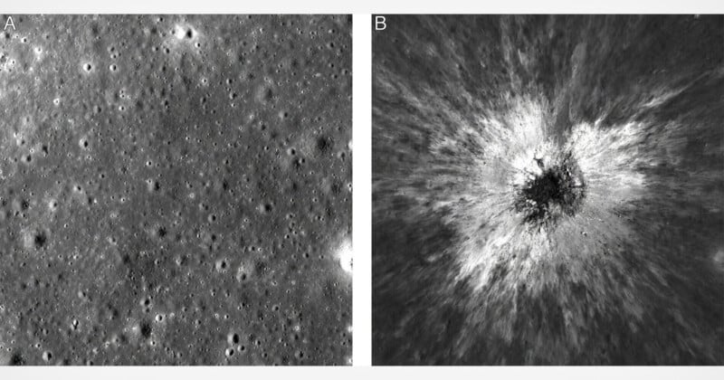 Two side-by-side lunar surface views: a heavily cratered, weathered landscape on the left and a fresh, bright impact crater with radiating ejecta rays on the right.